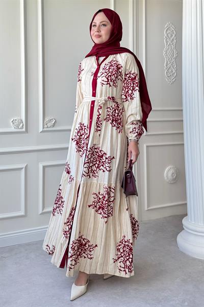 Renkli Boydan Biye Detay Bordo Viskon Elbise