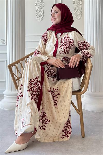 Renkli Boydan Biye Detay Bordo Viskon Elbise