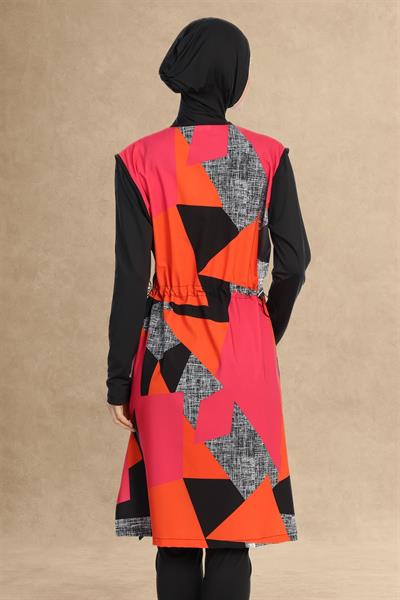 4 Parça Renkli Desenli Siyah Tesettür Mayo 6252A