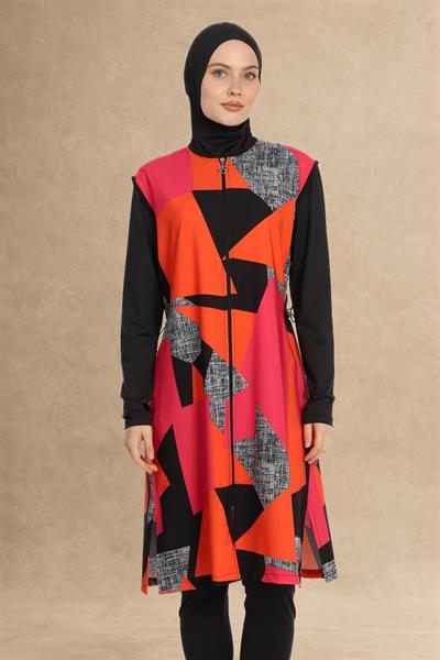 4 Parça Renkli Desenli Siyah Tesettür Mayo 6252A