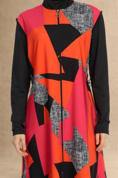 4 Parça Renkli Desenli Siyah Tesettür Mayo 6252A