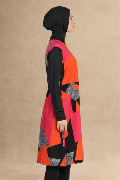 4 Parça Renkli Desenli Siyah Tesettür Mayo 6252A