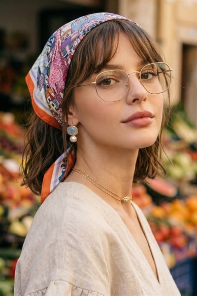 Renkli Desenli Turuncu-Mavi Soft Bandana Fular 50x50