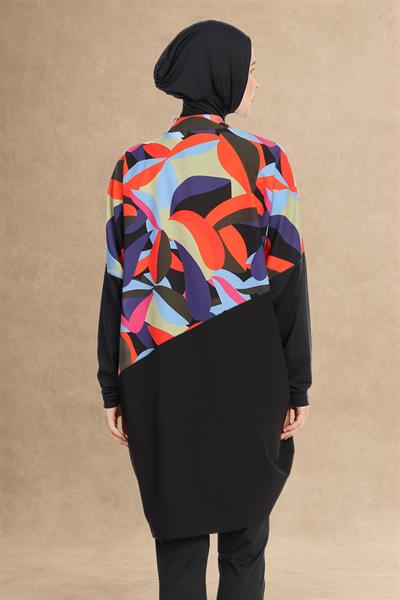 Renkli Düşük Omuz Kol Siyah Tesettür Mayo 6297A