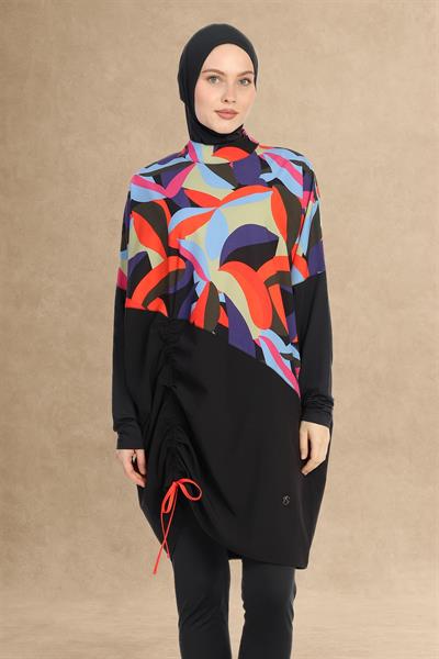 Renkli Düşük Omuz Kol Siyah Tesettür Mayo 6297A