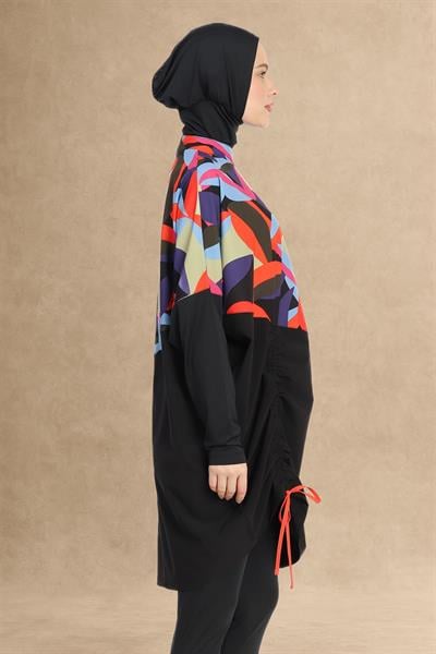 Renkli Düşük Omuz Kol Siyah Tesettür Mayo 6297A