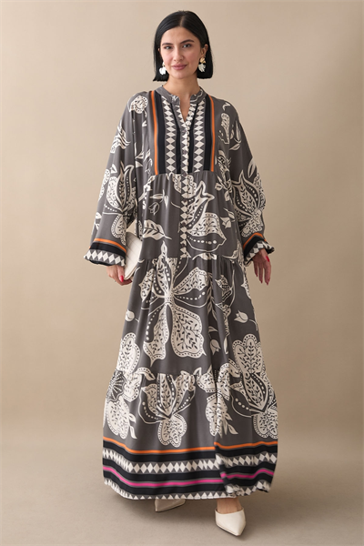 Renkli Karışık Salaş Antrasit Viskon Elbise