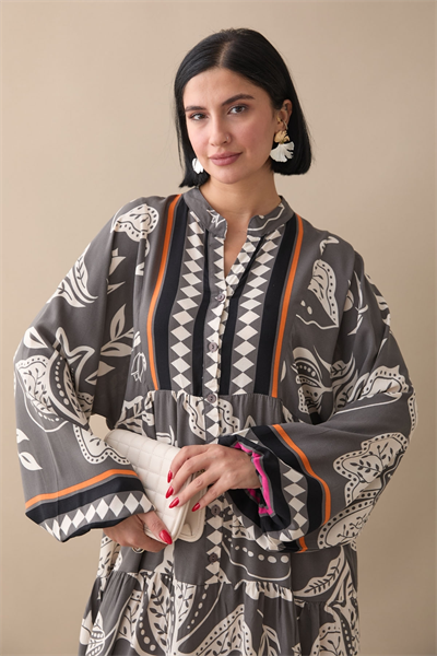 Renkli Karışık Salaş Antrasit Viskon Elbise