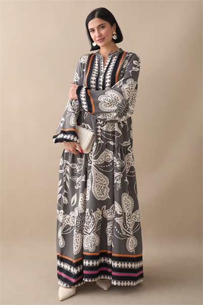 Renkli Karışık Salaş Antrasit Viskon Elbise