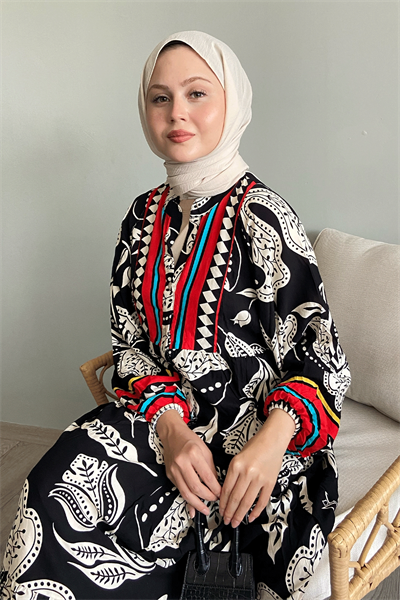 Renkli Karışık Salaş Siyah Viskon Elbise