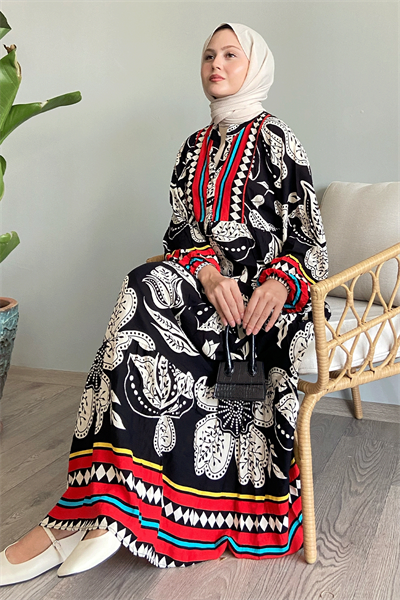 Renkli Karışık Salaş Siyah Viskon Elbise