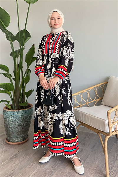 Renkli Karışık Salaş Siyah Viskon Elbise