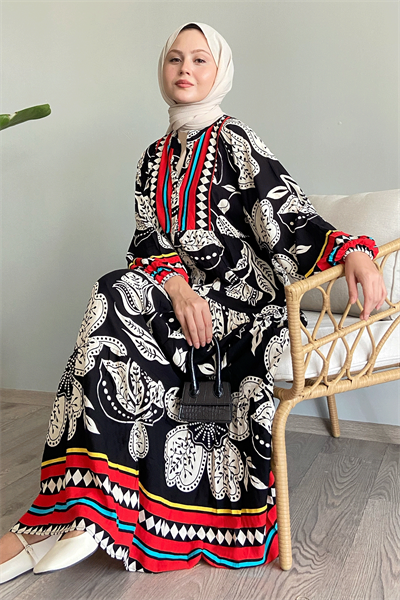 Renkli Karışık Salaş Siyah Viskon Elbise