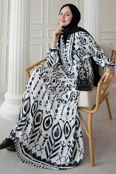 Renkli Motif Desenli Siyah Viskon Elbise