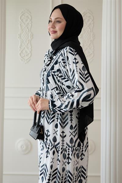 Renkli Motif Desenli Siyah Viskon Elbise