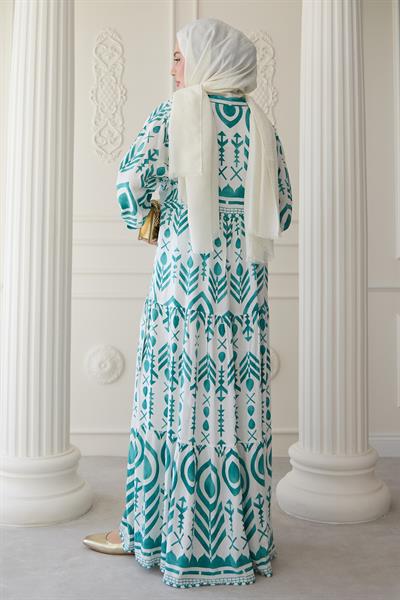 Renkli Motif Desenli Turkuaz Viskon Elbise