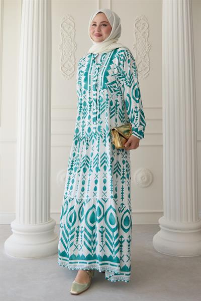 Renkli Motif Desenli Turkuaz Viskon Elbise