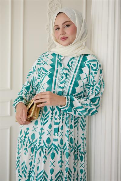 Renkli Motif Desenli Turkuaz Viskon Elbise