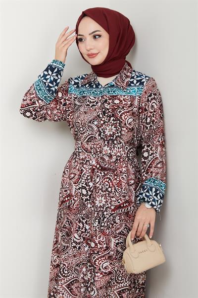 Renkli Otantik Desen Kırmızı Viskon Elbise