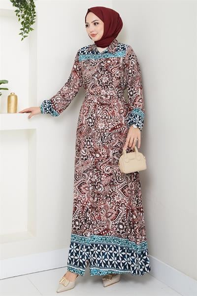 Renkli Otantik Desen Kırmızı Viskon Elbise