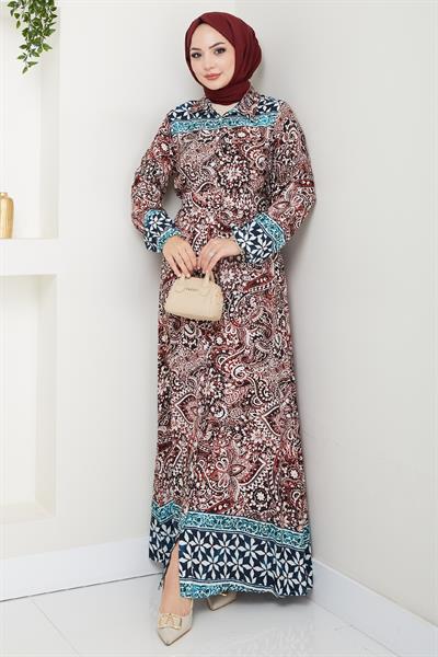 Renkli Otantik Desen Kırmızı Viskon Elbise