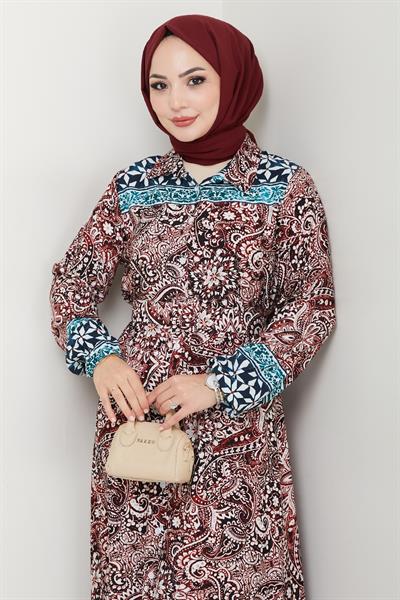 Renkli Otantik Desen Kırmızı Viskon Elbise