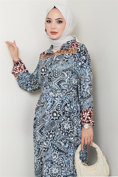 Renkli Otantik Desen Lacivert Viskon Elbise