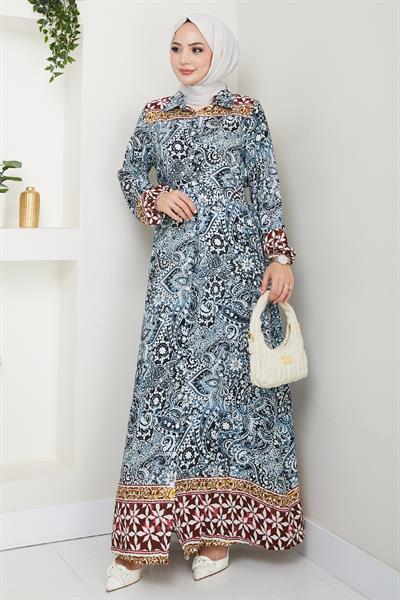 Renkli Otantik Desen Lacivert Viskon Elbise