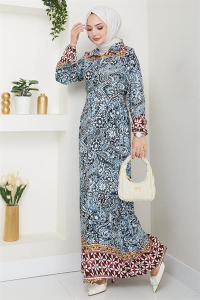 Renkli Otantik Desen Lacivert Viskon Elbise