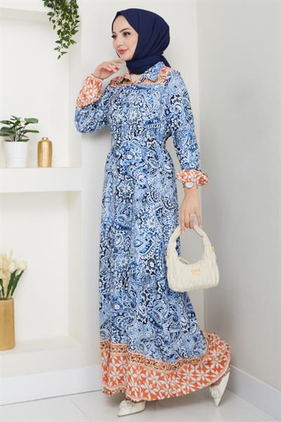 Renkli Otantik Desen Mavi Viskon Elbise