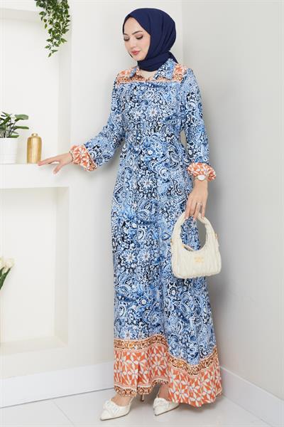 Renkli Otantik Desen Mavi Viskon Elbise