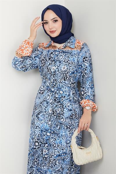 Renkli Otantik Desen Mavi Viskon Elbise