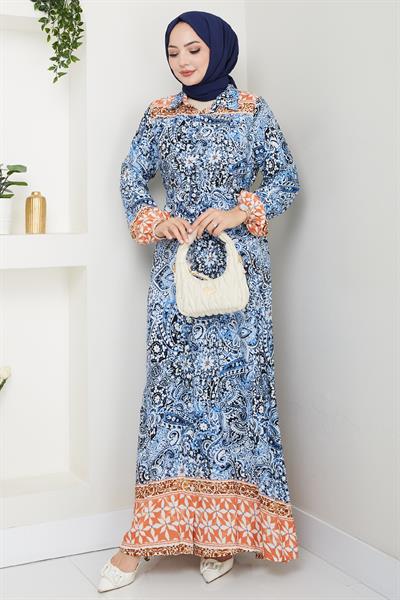 Renkli Otantik Desen Mavi Viskon Elbise