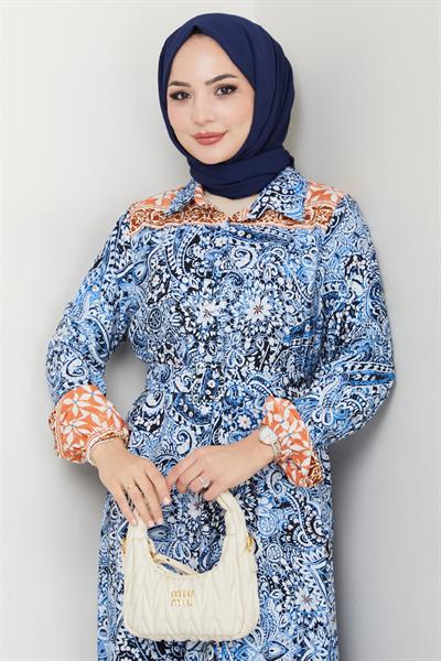 Renkli Otantik Desen Mavi Viskon Elbise