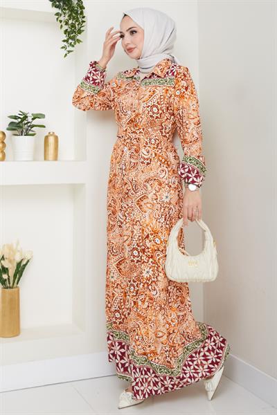 Renkli Otantik Desen Turuncu Viskon Elbise