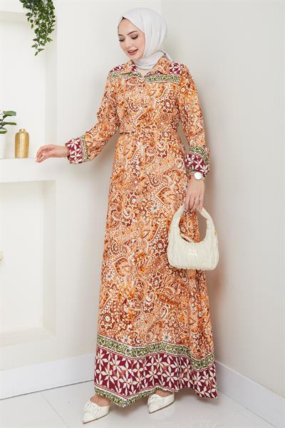 Renkli Otantik Desen Turuncu Viskon Elbise