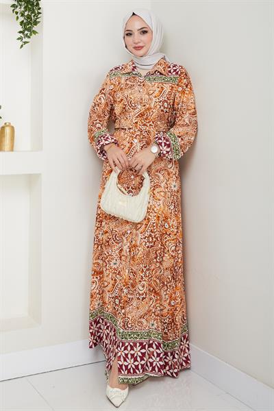 Renkli Otantik Desen Turuncu Viskon Elbise