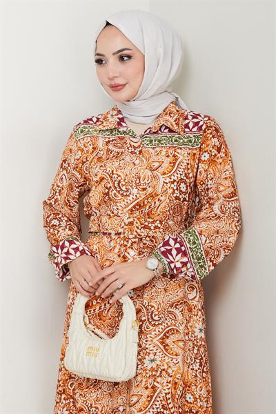 Renkli Otantik Desen Turuncu Viskon Elbise