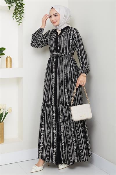 Renkli Patlı Desenli Siyah Viskon Elbise