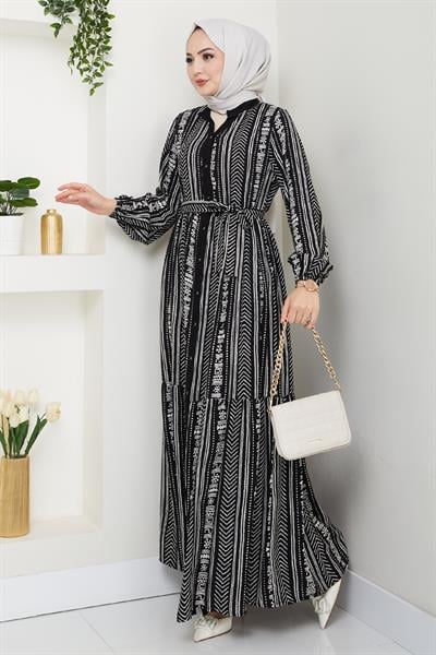 Renkli Patlı Desenli Siyah Viskon Elbise