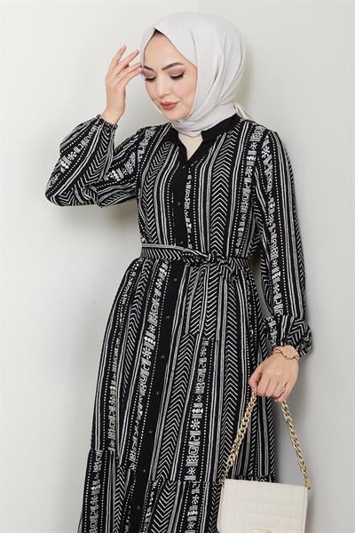 Renkli Patlı Desenli Siyah Viskon Elbise