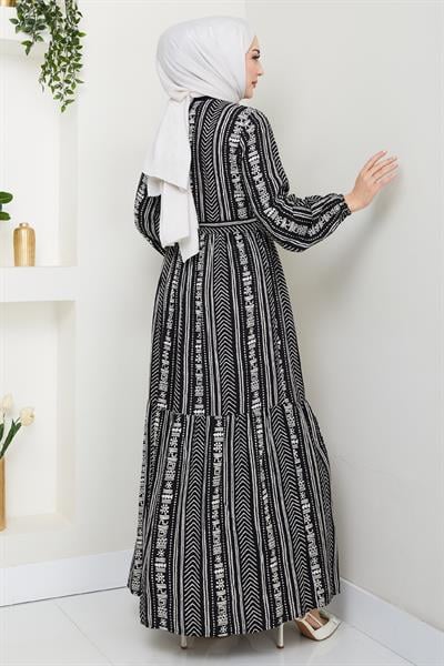 Renkli Patlı Desenli Siyah Viskon Elbise