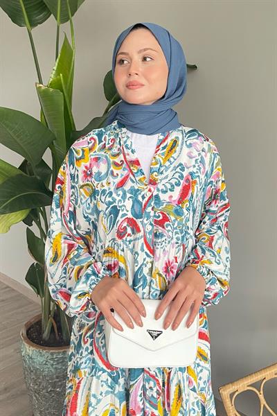 Renkli Şal Desen Mint Viskon Elbise