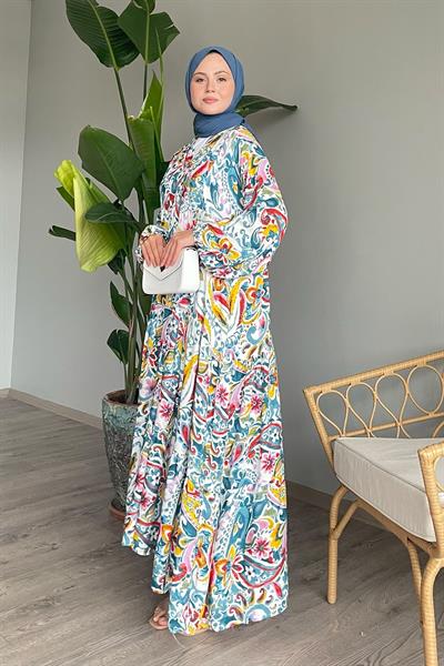 Renkli Şal Desen Mint Viskon Elbise