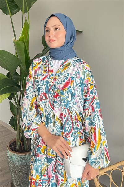 Renkli Şal Desen Mint Viskon Elbise