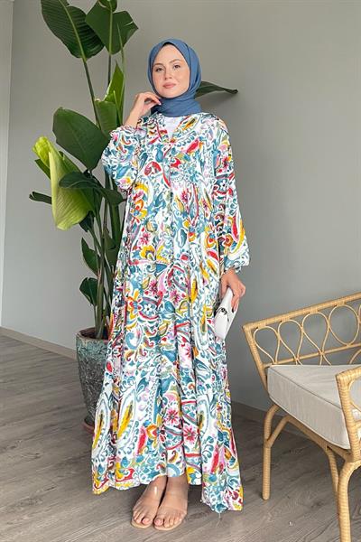 Renkli Şal Desen Mint Viskon Elbise
