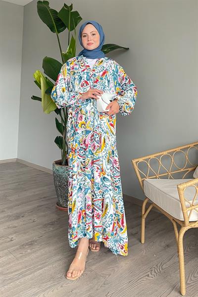 Renkli Şal Desen Mint Viskon Elbise