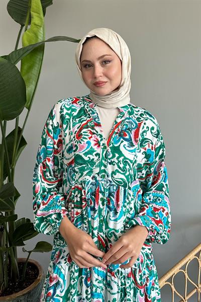 Renkli Şal Desen Zümrüt Viskon Elbise