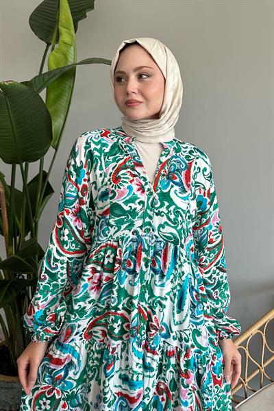 Renkli Şal Desen Zümrüt Viskon Elbise