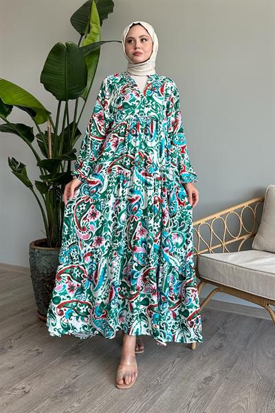 Renkli Şal Desen Zümrüt Viskon Elbise
